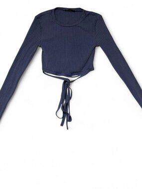 Zara Ribbed Cropped Top Size Small Blue Tie Around Long Sleeve Crew Neck Raw Hem